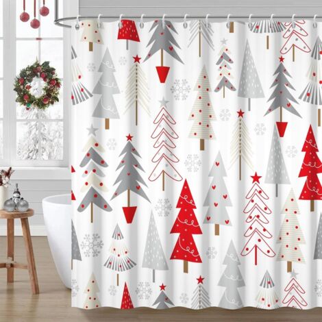 Rideau de douche anti-moisissure, 180 x 200 cm, motif sapin de Noël abstrait gris rouge, lavable et imperméable, avec 12 crochets.