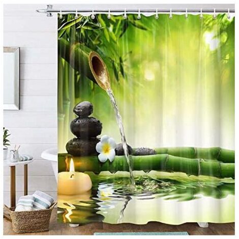 Rideau de douche anti-moisissure Pebble Zen Print Rideau de douche Tissu imperméable Polyester 180 cm 180 cm Rideau de douche en bambou orchidée 3D Baignoire lavable en machine avec crochet -