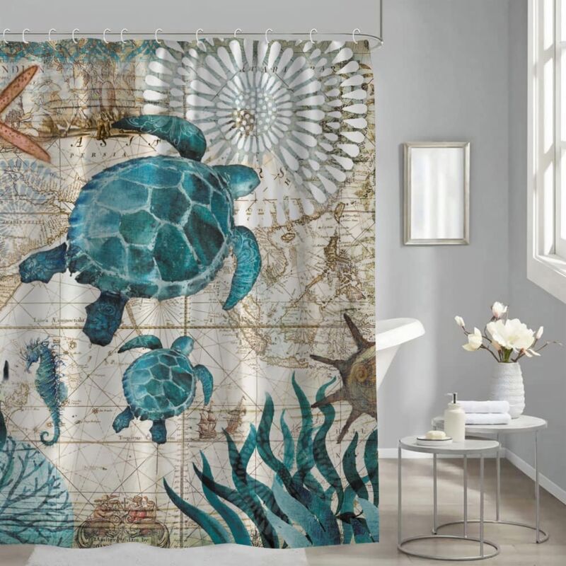 Rideau de Douche Anti Moisissure Salle de Bain Rideau Baignoire 180x200 Mer Tortue Marine Beau Imprimé en Tissu Imperméable avec 12 Crochets Résistant
