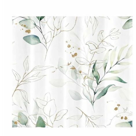 Rideau de douche anti-moisissures, 180x180 cm, vert à motif de feuilles d'eucalyptus dorées, en tissu polyester lavable et imperméable.