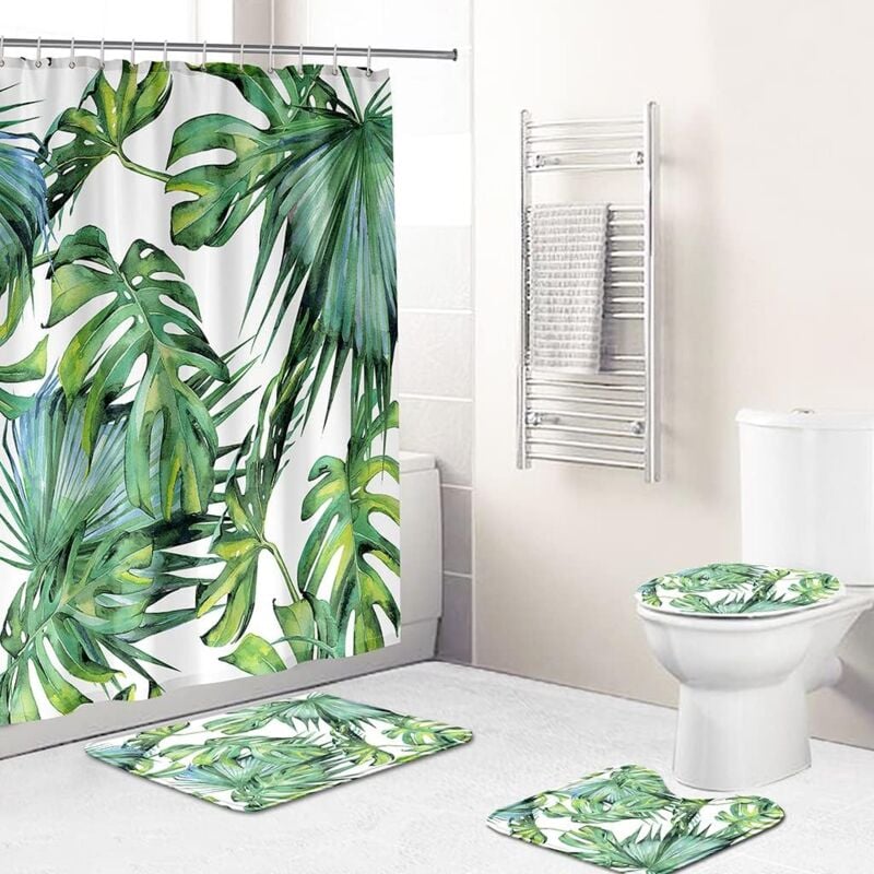 Rideau de douche avec plantes vertes tropicales, tapis de bain, paysage de feuilles de fleurs, antidérapant, couverture de toilette, ensemble de