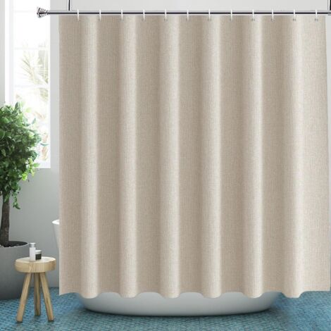 Rideau De Douche Beige 200x200 Cm En Lin - 1 Pièce Avec Crochets - Polyester Hydrofuge Lavable - Pour Salle De Bain