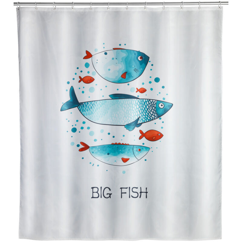 Rideau de douche original Big Fish, Rideau de douche 180x200 cm, lavable en machine et waterproof, 12 anneaux rideau de douche en plastique blanc