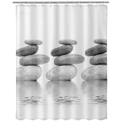 Rideau de douche blanc et gris galets
