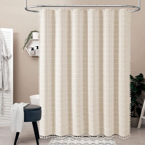 Rideau de douche bohème à pompons, tissu en lin, idéal pour la décoration de salle de bain, 183 x 183 cm (beige)