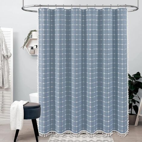 Rideau de douche bohème à pompons, tissu en lin, idéal pour la décoration de salle de bain, 183 x 198 cm (carreaux blancs sur fond bleu)