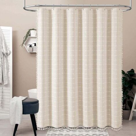 Rideau de douche bohème à pompons, tissu en lin, idéal pour la décoration de salle de bain, 92 x 183 cm (beige)