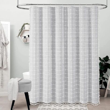Rideau de douche bohème à pompons, tissu en lin, idéal pour la décoration de salle de bain, 92 x 183 cm (gris clair)
