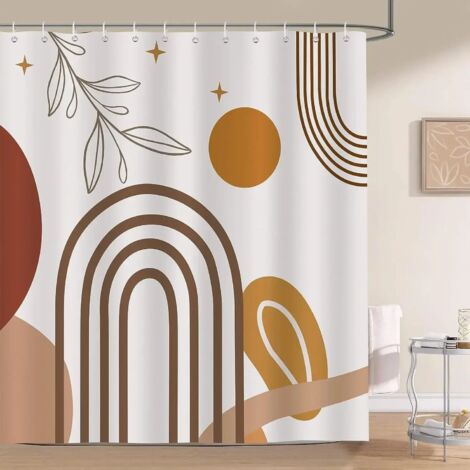 Rideau de douche bohème, motif abstrait médiéval, arche, soleil, feuilles, lignes, esthétique minimaliste, moderne et géométrique, 240 x 180 cm