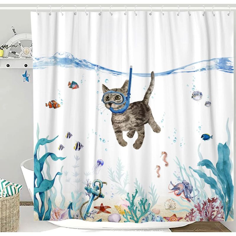 Rideau de douche chat drôle bleu sarcelle mer océan tissu imperméable rideaux de douche pour salle de bain avec animal pieuvre étoile de mer tortue