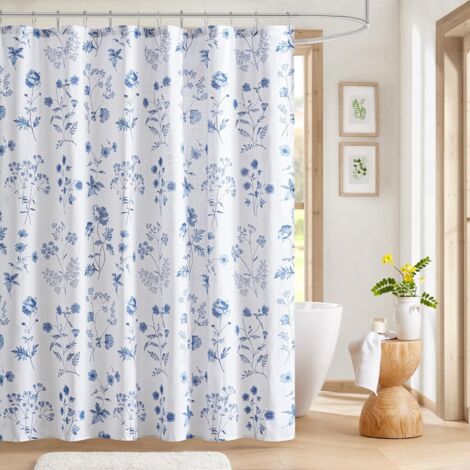 Rideau De Douche - Coton - Imprimé Botanique Floral - 180 x 180 cm - Bleu