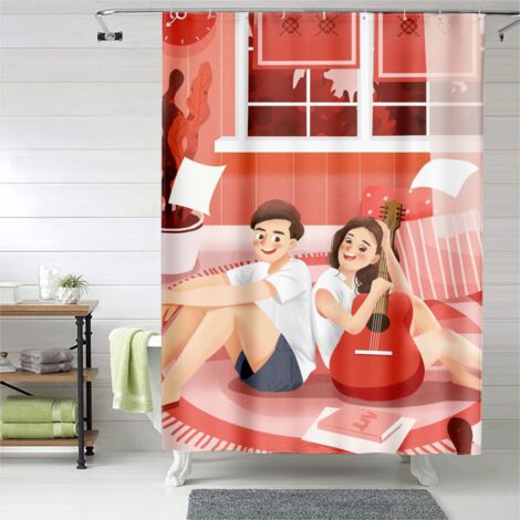 Rideau de douche couple mignon, œillets plastique, polyester, lavable