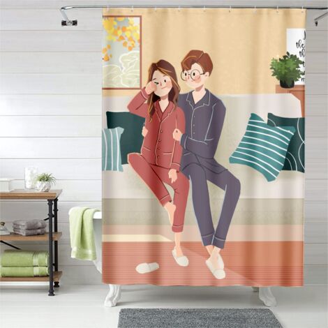 Rideau de douche couple tendre, œillets plastique, 150x180 cm, qualité