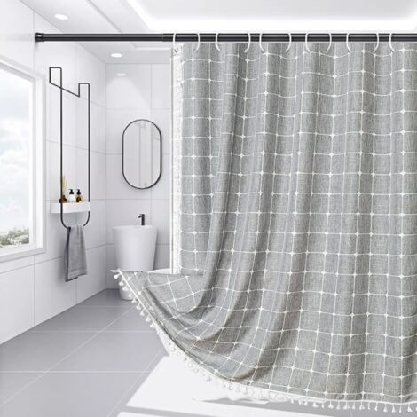 Rideau de douche de bain Boho avec rideau de douche à pampilles, rideau de douche en tissu rayé rustique robuste (gris) 150x180cm