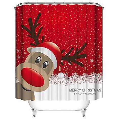 Rideau de douche de Noël 180 x 180 cm, motif renne de Noël, en polyester imperméable avec 12 crochets, idéal pour la décoration de Noël et la salle de bain.
