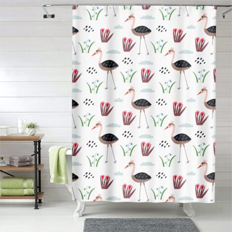 Rideau de douche décor flamant rose feuilles tropicales, tissu polyester, 90x180 cm