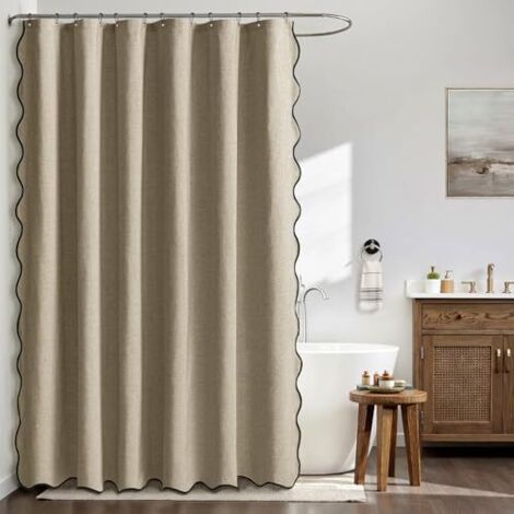 Rideau de Douche en Lin Texturé Ondulé 180x200 cm Kaki, Luxe Rideau de Douche Imperméable, Anti-Moisissure Tissu Lavable Rideaux de Bain pour Salle de Bain avec 12 Crochets Métalliques.