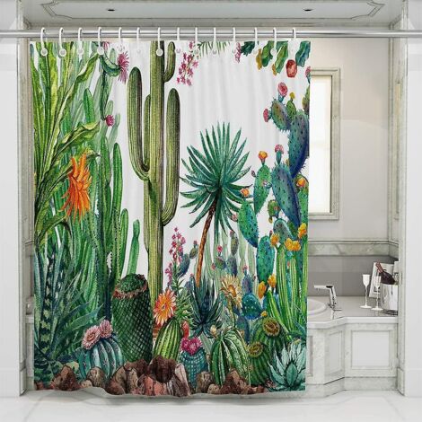 Rideau de douche en polyester à motif feuilles de cactus avec crochets, 180 x 180 cm