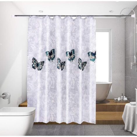 Rideau de douche en polyester imperméable lavable à motif papillons et fleurs, avec 12 crochets pour baignoire.