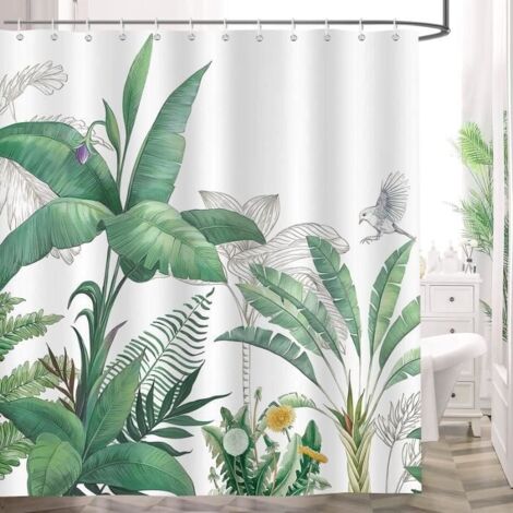 Rideau de douche en polyester lavable, motif feuille de bananier vert, avec crochets inclus. Pour salle de bain.