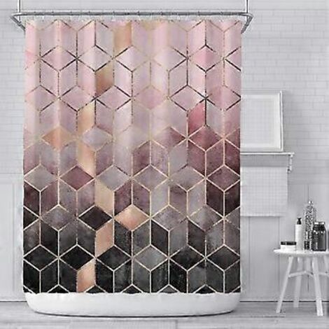 Rideau de douche en tissu 180x180cm, motif marbre rose, quadrillage géométrique moderne, nuances de rose et de gris, lesté, imperméable et lavable.