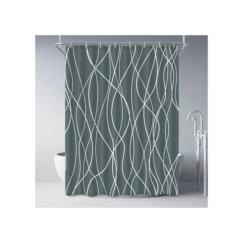 Rideau de douche en tissu à rayures ondulées gris foncé et blanc pour salle de bain avec 12 crochets, rideaux de douche pour salle de bain 78 pouces