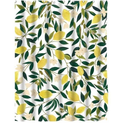 Rideau de douche en tissu imperméable décoré de motifs de citron, de fruits, de feuilles vertes et de plantes, 180 x 180 cm, imperméable, lavable, convient pour une utilisation dans la salle de bain.