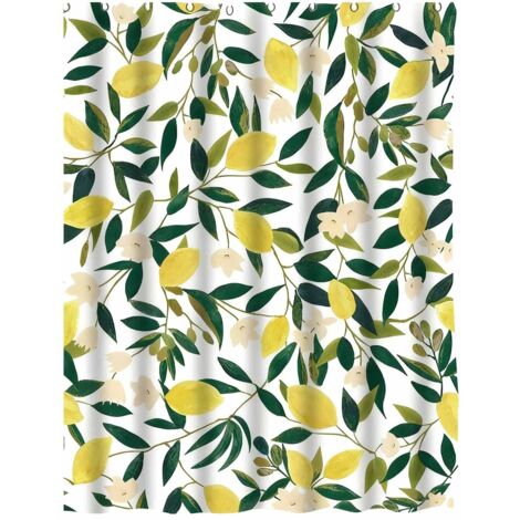 Rideau de douche en tissu imperméable décoré de motifs de citron, de fruits, de feuilles vertes et de plantes, 180 x 180 cm, imperméable, lavable, convient pour une utilisation dans la salle de bain