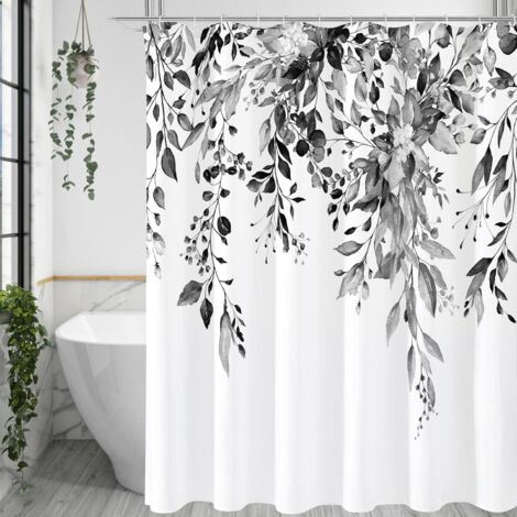 Rideau de douche, ensemble rideau de douche floral avec crochets, 180 x 180 cm, eucalyptus noir et blanc