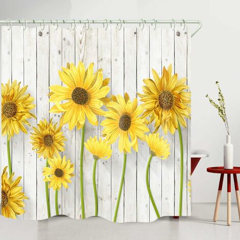 Rideau de douche Ensembles de rideaux de douche imperméables pour accessoires de salle de bain avec peinture à l'huile tournesol blanc en bois, beau rideau de toilette en tissu large coloré pour baignoire, crochets et doublures de rideau de bain