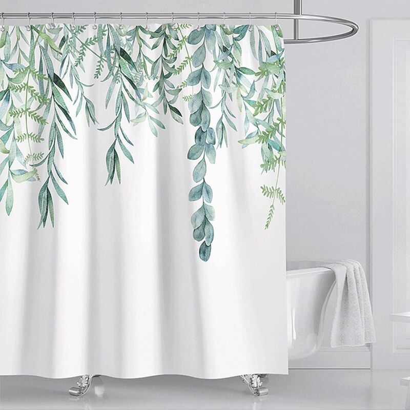 Rideau de Douche Ètanche Anti-Moisissure Rideau Salle de Bain Polyester Impression Plante Feuille Verte Lavable avec 12 Crochets en c pour Domicile