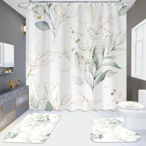 Rideau de douche eucalyptus vert sauge, rideau de douche feuilles de plantes printanières, tissu imperméable, rideau de douche aquarelle vert et or avec crochets, 180 x 180 cm