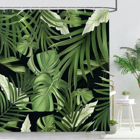 Rideau de Douche Feuille de Palmier Tropical Verte Rideau de Bain Tissu Polyester Anti Moisissure Imperméable Lavable Rideaux Salle de Bain 180 x 180 cm avec 12 Crochets