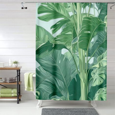Rideau de douche feuilles de monstera, œillets plastique, lavable machine