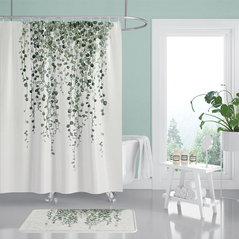 Rideau de douche Feuilles vertes Rideau de douche Aquarelle Feuille Rideau de douche Tissu Floral Rideau de douche Plantes imperméables Rideaux de