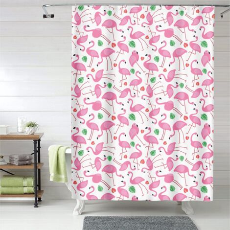 Rideau de douche flamant rose décor tropical chic, polyester, 90x180 cm