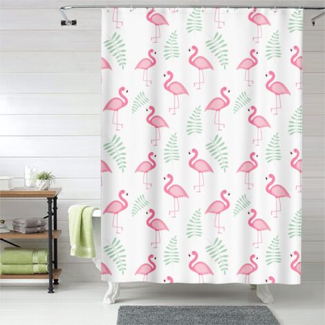 Rideau de douche flamant rose motif floral, tissu imperméable, 150x180 cm