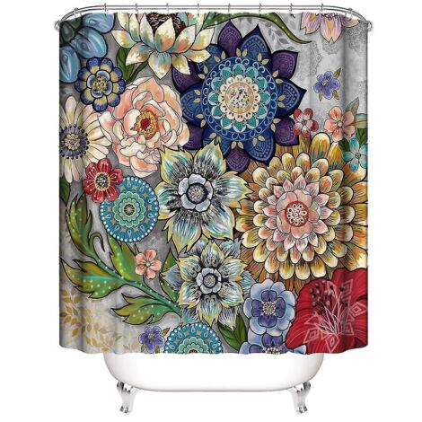Rideau de douche - Fleurs colorées, art naturel - 180 x 200 cm - Lavable - Anti-moisissure - Imperméable - Avec 12 anneaux - Rouge, vert, bleu, marron, jaune (1 pièce)