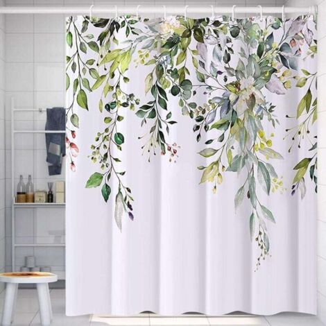 Rideau de Douche Floral avec 12 Crochets, Rideaux de Douche en Polysilicium Impermable, Lavable Machine, Schage Rapide, 180x180cm pour Baignoire ou la Salle de Bain (Vert)