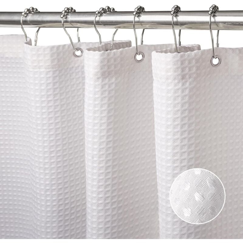 Rideau de Douche Gaufre Anti Moisissure Rideau pour Salle de Bain avec Ourlet Lesté et Crochet en Plastique Blanc - 180CMx200CM
