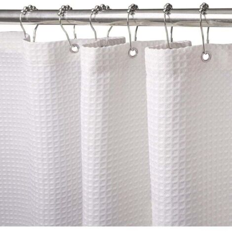Rideau de Douche Gaufre avec Anneaux en Métal Rideau de Douche Baignoire Anti Moisissure Tissu Rideau Salle de Bain Robuste pour Baignoire Cabine de Douche, Ourlet Lesté - 180x180CM (Blanc)