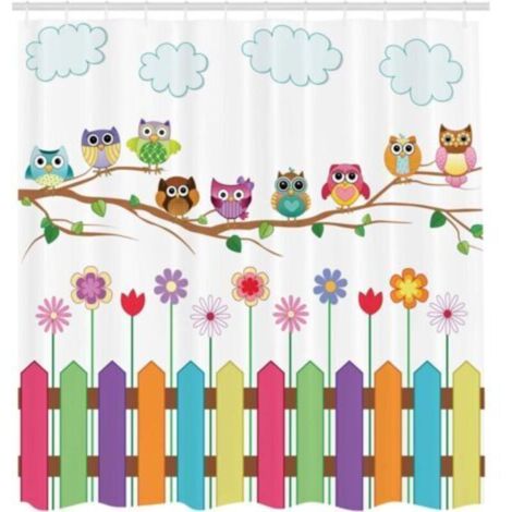 Rideau de douche hibou, oiseau sur branche, journée ensoleillée, ensemble de décoration de salle de bain en tissu avec crochets, 175 cm x 200 cm, multicolore