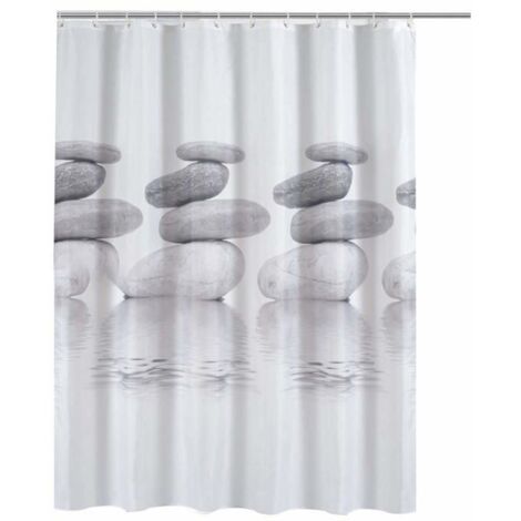 Rideau de douche imperméable 3D avec 12 crochets, 100% polyester (Galet et gris, 180 x 180 cm)
