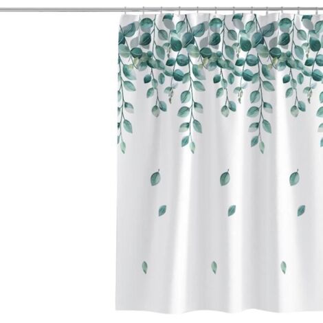 Rideau de douche imperméable blanc 120x200cm, motif feuilles vertes décoratif.