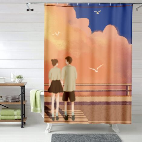 Rideau de douche imprimé couple kawaii, œillets plastique, 180x180 cm