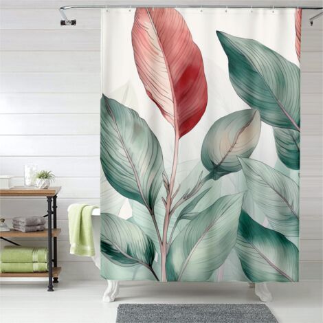 Rideau de douche imprimé feuillage artistique, œillets plastique, 90x180 cm
