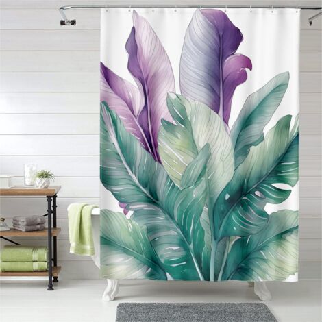 Rideau de douche imprimé feuillage scandinave, œillets plastique, polyester