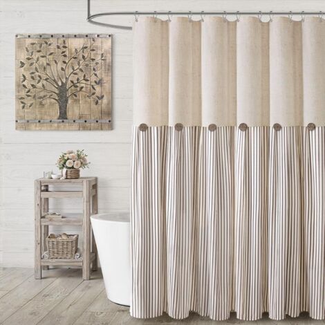 Rideau De Douche - Lin - Coton - 72 Pouces L x 72 Pouces H - Style Ferme Rustique - Boutons Décoratifs - 1 Pièce