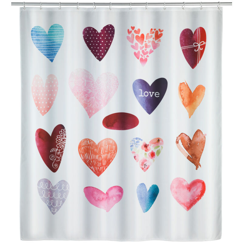 Rideau de douche original Love, Rideau de douche 180x200 cm, lavable en machine et waterproof, 12 anneaux rideau de douche en plastique blanc inclus,