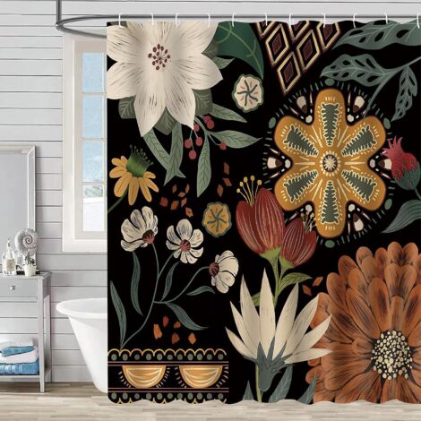 rideau De Douche Minimaliste  Motif Abstrait De Feuilles - 180180cm (motif Sur Fond Noir), Rideau De Douche En Polyester Lavable En Machine Avec